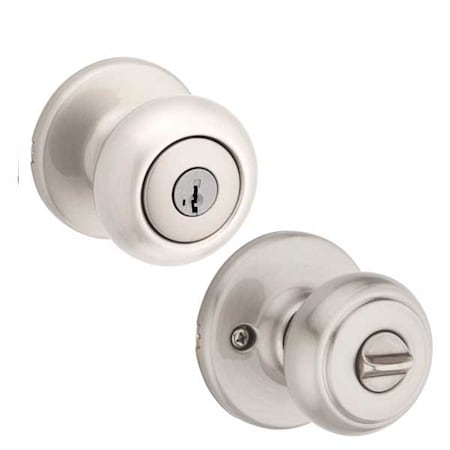 Kwikset Kwikset: Cove Entry Door Knob with Round Rose  Satin Nickel / with SmartKey Technology KWS-400CV-RDT-SMT-15